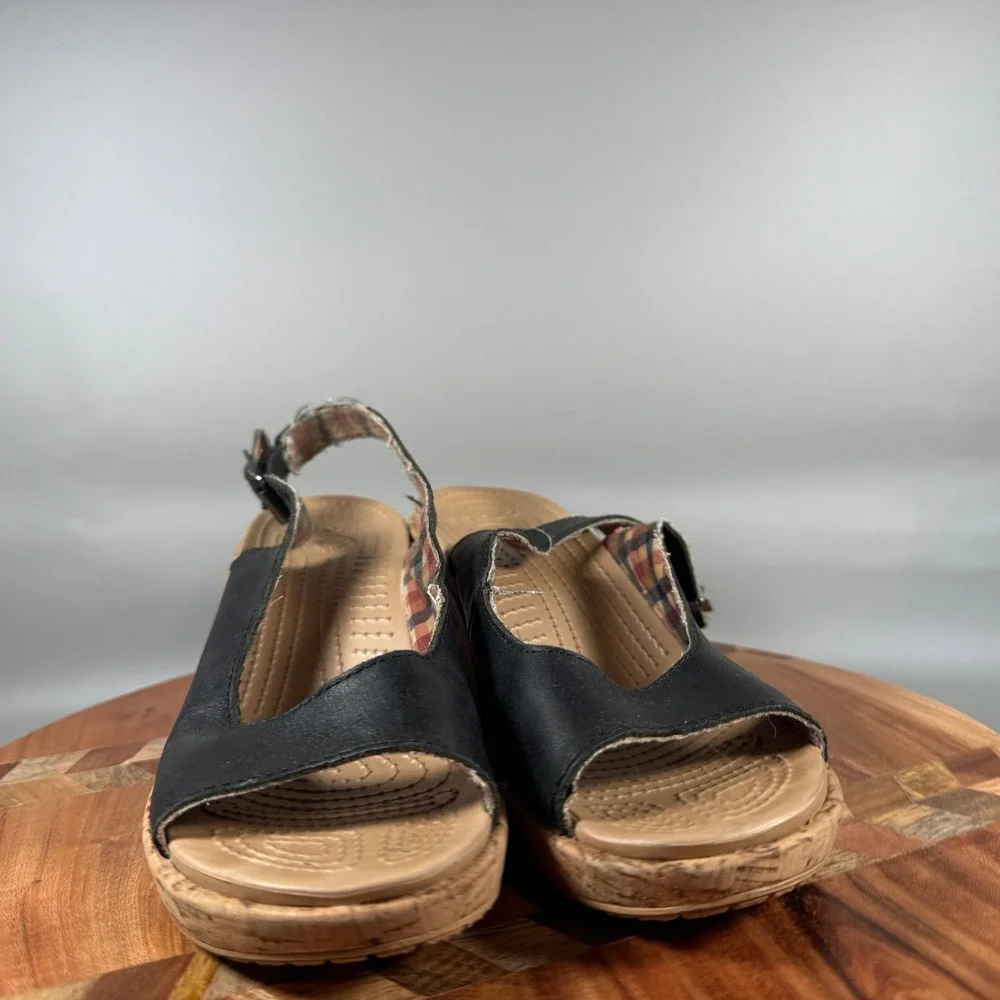 Crocs Womens Black Leather Cork Wrapped Wedge Slingback Sandals Size 6